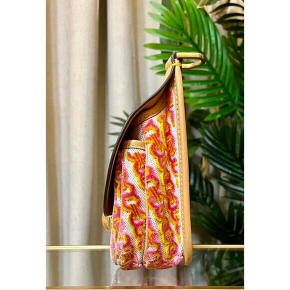 AUTHENTIC TORY BURCH TAN AND PINK AND ORANGE JAMES HANDBAG - Picture 2 of 12